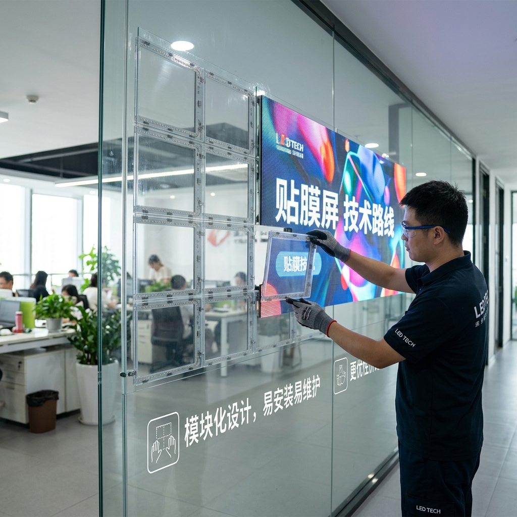 贴膜屏模块化安装示意图，技术人员正在将透明LED膜组贴合在玻璃隔断上，展示其模块化、易安装易维护和高性价比的特性，适合室内商业展示。