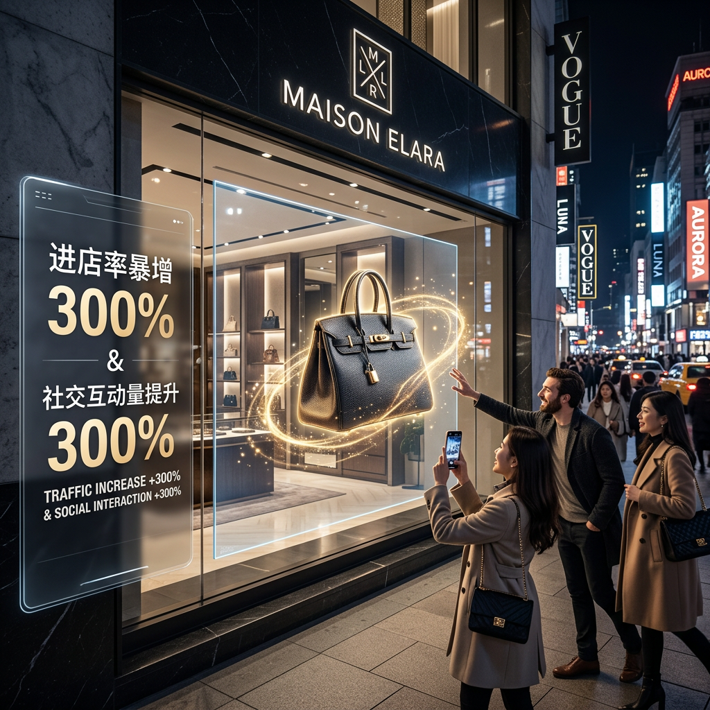 夜幕下奢侈品店橱窗的全息屏展示，3D名牌包悬浮空中，行人驻足拍照，突出进店率与社交互动暴增300%的效果