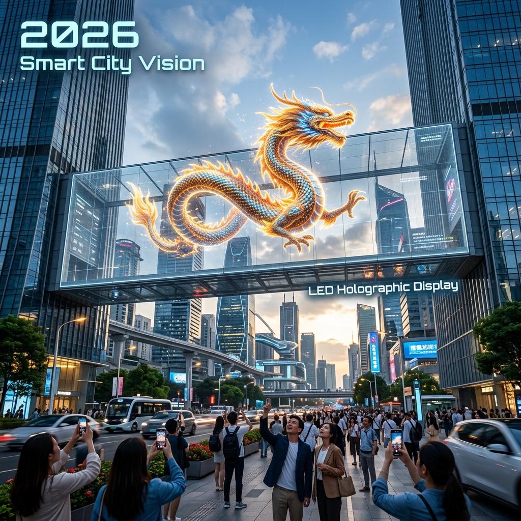 2026未来智慧城市中，LED全息屏展示一条3D金龙在空中盘旋，吸引行人驻足观看，展现其高通透性和视觉震撼力
