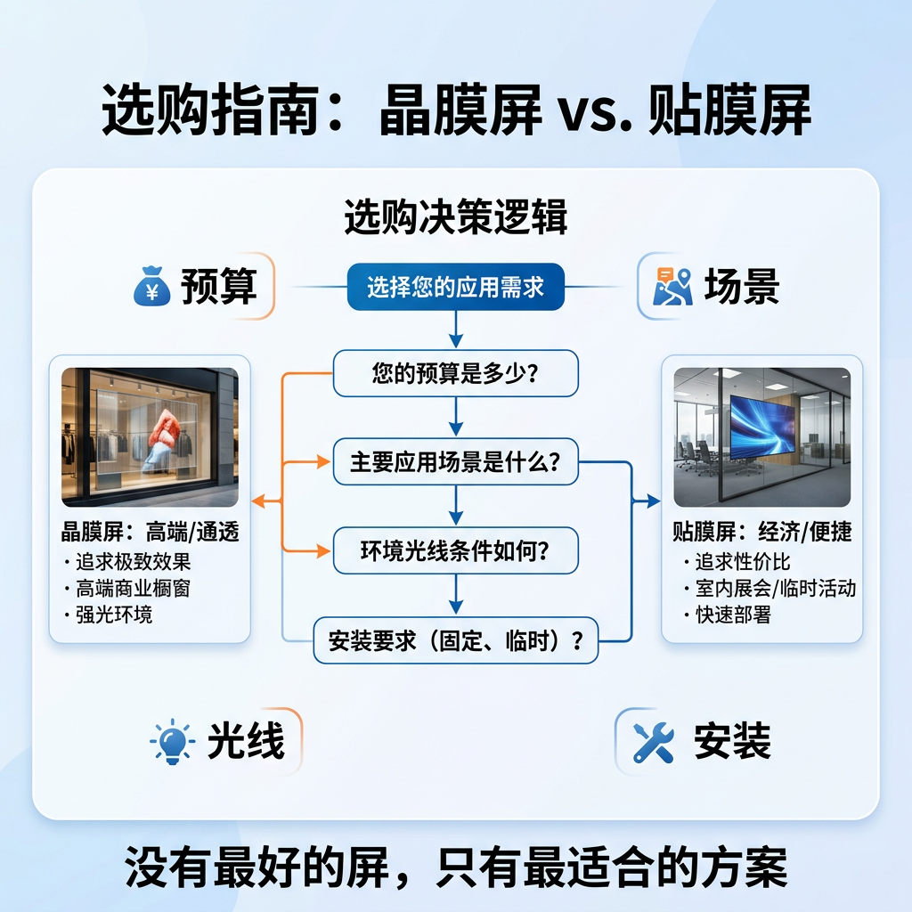晶膜屏与贴膜屏选购指南决策流程图，围绕预算、场景、光线和安装四个维度，指导用户根据需求选择最适合的透明显示方案。