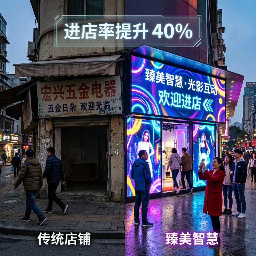 商业街对比：传统店铺门头冷清，臻美智慧LED光影互动门头吸引路人驻足，提升进店率40%