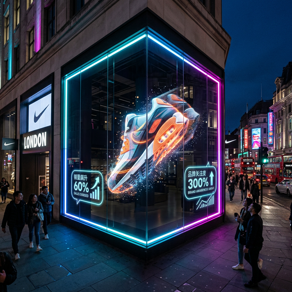 智慧零售空间中L型全息橱窗展示的3D运动鞋，配有销量飙升60%和品牌关注度300%提升的数据标注