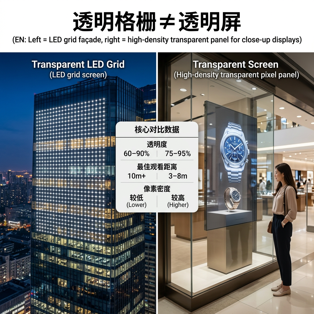 透明格栅与透明屏对比图：左侧为户外建筑幕墙上的透明格栅夜景，右侧为室内商场橱窗里的透明屏，图示两者主要区别和应用场景。