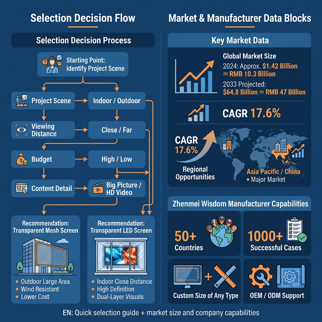 透明显示屏选型指南与市场概览图：提供透明格栅与透明屏的快速选择建议、市场增长数据及臻美智慧的企业实力。