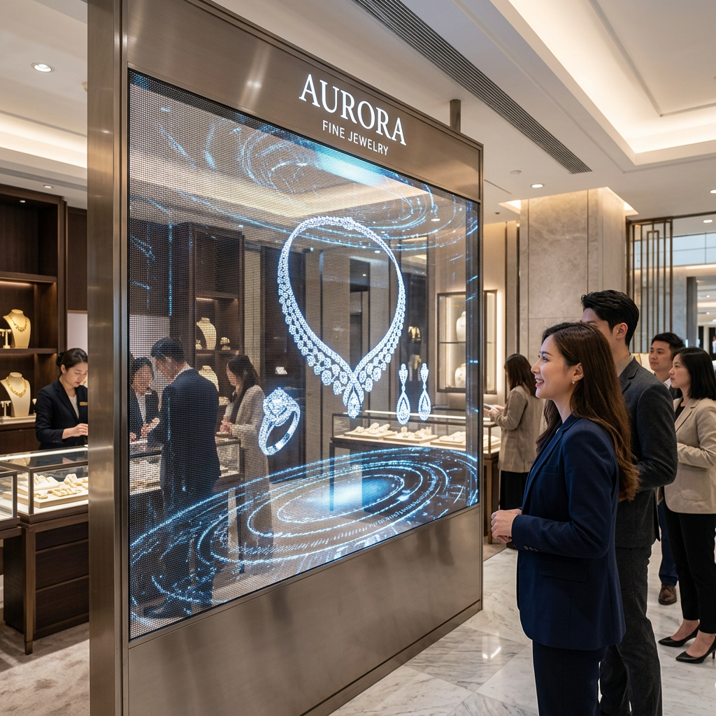 品牌旗舰店内全息屏展示3D悬浮珠宝，高通透率让背景清晰可见，彰显高端视觉效果。