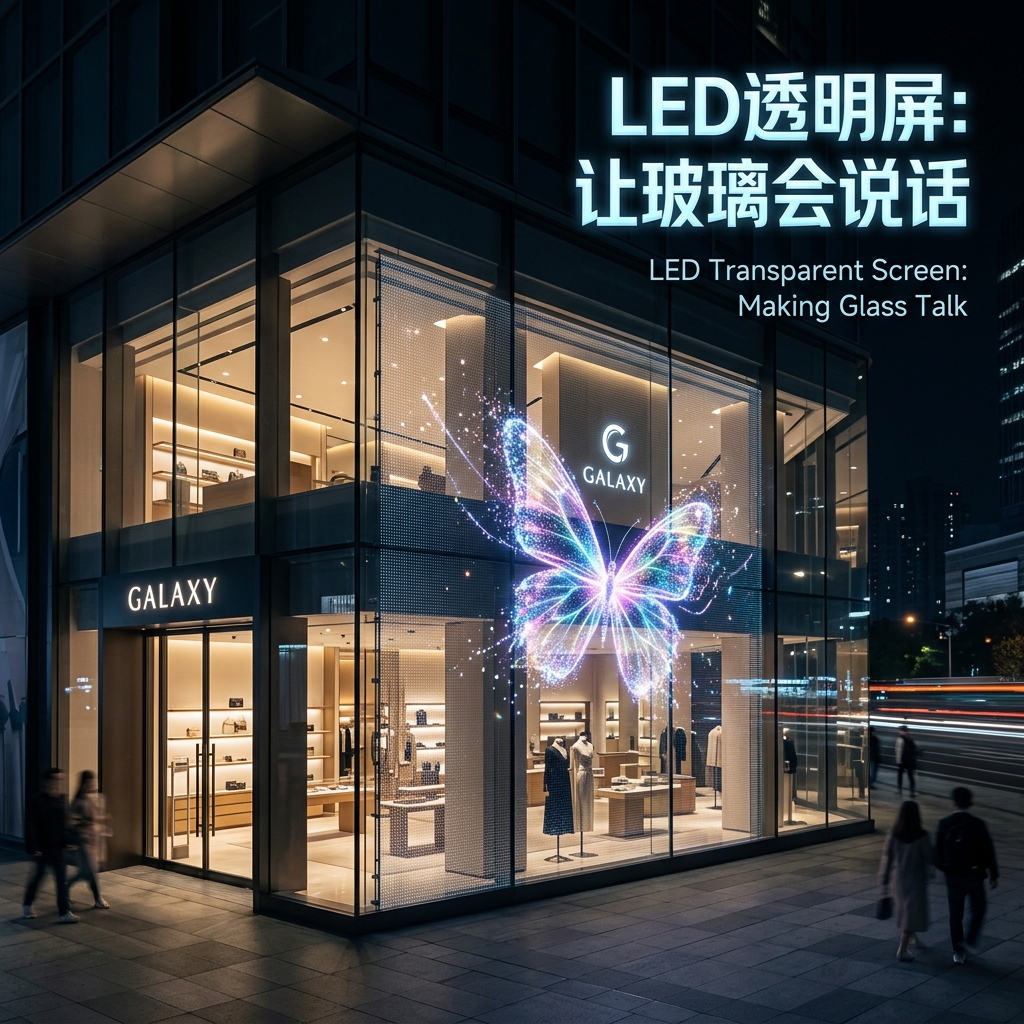 LED透明屏：让玻璃会说话。一张展示高端品牌旗舰店玻璃橱窗中LED透明屏播放3D动态广告的封面图，强调其高透光、轻盈和不阻挡店内陈列的特点，完美融合数字内容与物理空间。