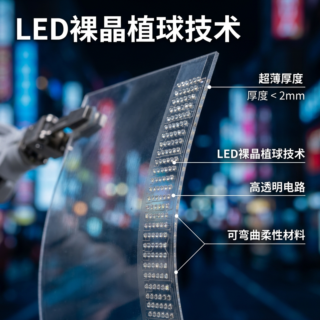 晶膜屏技术微距解析图，展示LED裸晶植球技术将微小LED颗粒直接植入超薄透明晶膜，呈现其超薄、柔性与高透明电路的特点。