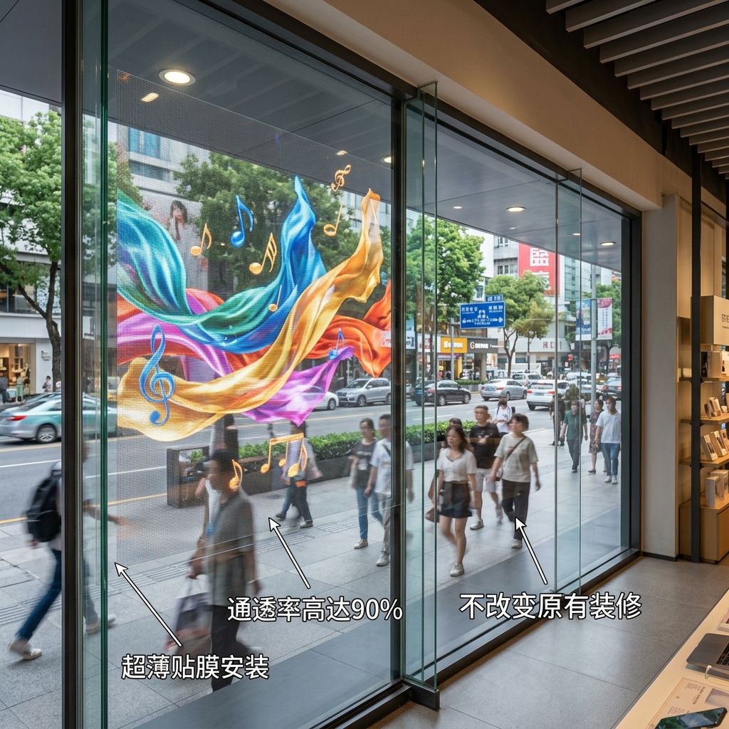 臻美智慧LED透明屏安装在店铺玻璃上，从室内看去，屏幕播放炫丽动画，同时保持极高通透性，可清晰看到店外街景，不影响采光