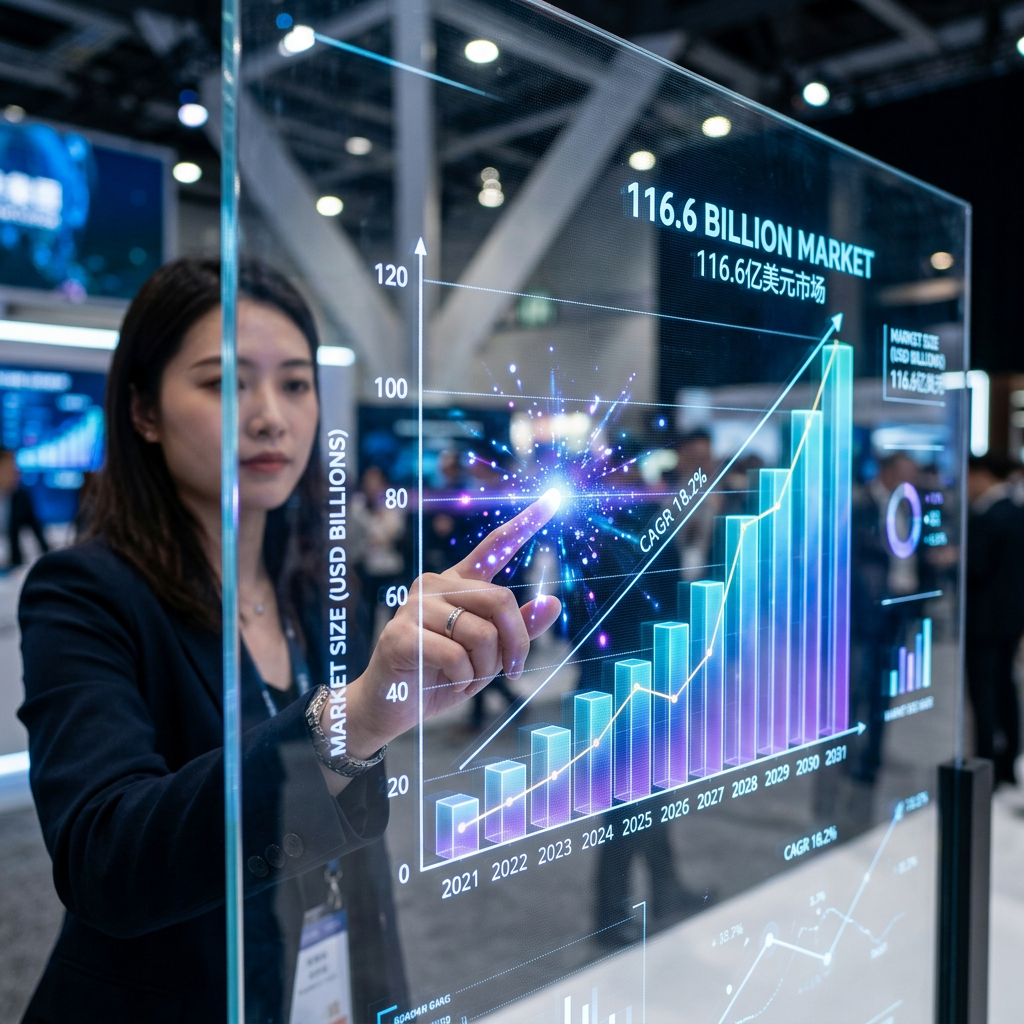 一张科技感近景图，展示透明LED屏幕的互动功能，指尖光效与屏幕上显示的2031年116.6亿美元市场规模增长曲线图，突显市场潜力。