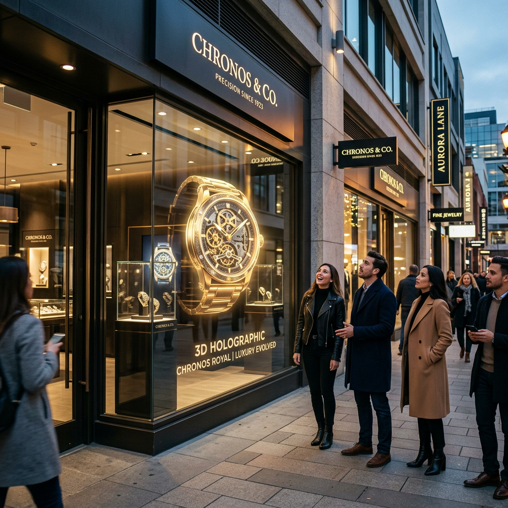 橱窗透明屏展示奢侈品店3D机械表动画，吸引路人驻足观看