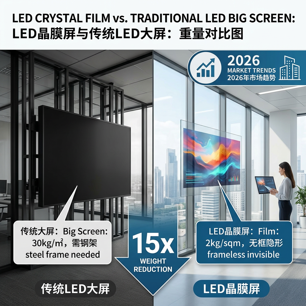 LED晶膜屏与传统LED大屏的重量与安装方式对比图，突出晶膜屏的轻巧、无框和便捷安装优势
