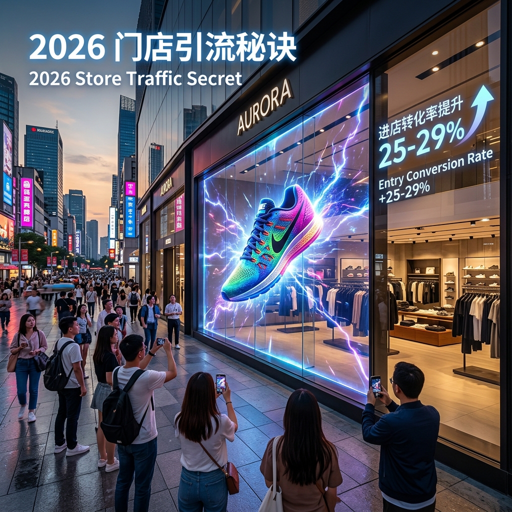 2026年现代化商业街区,一家旗舰店橱窗上的LED透明屏播放3D动态广告,吸引路人驻足拍照,提升门店客流与进店转化率25-29%。