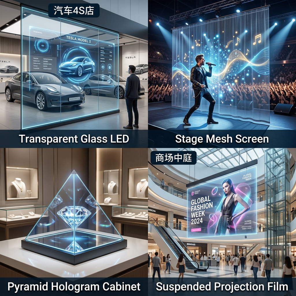四种全息屏类型示意图：透明玻璃、网纱幕、金字塔、悬浮投影的对比展示