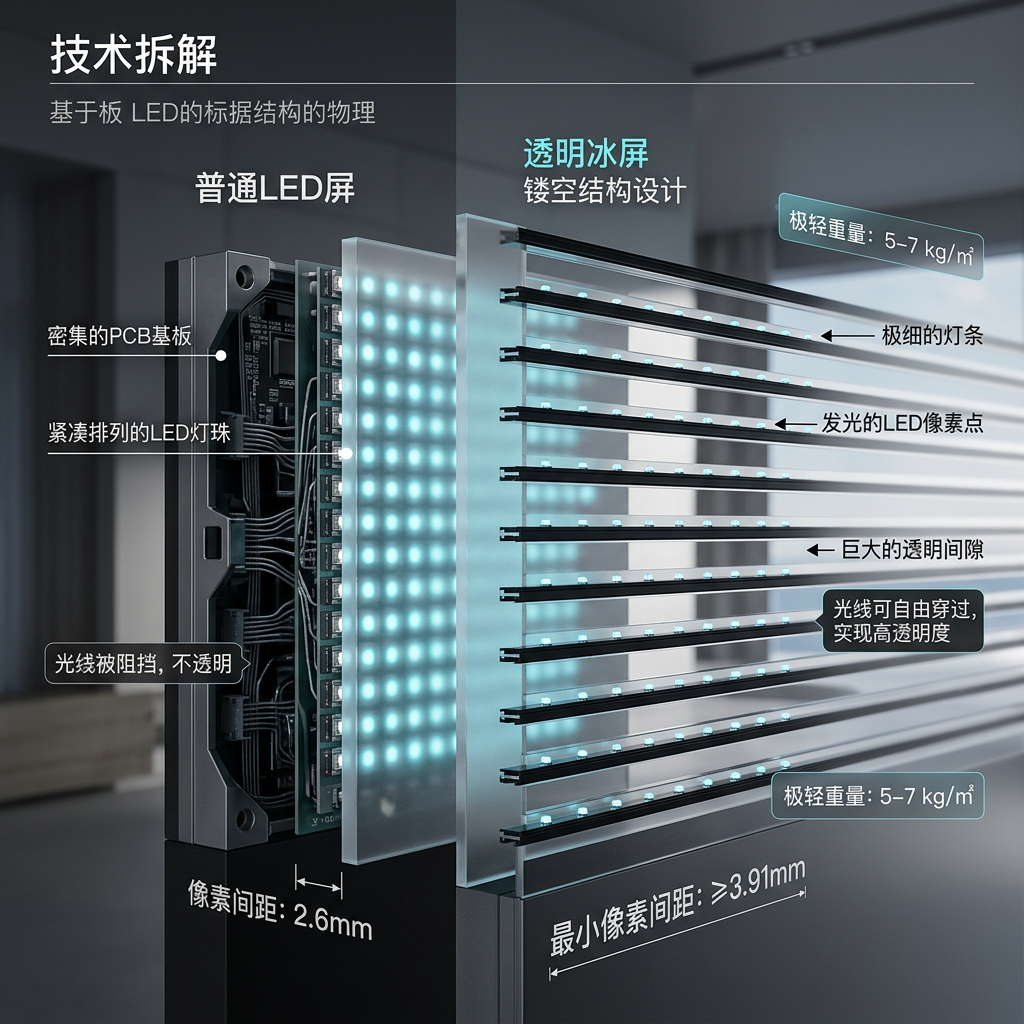 冰屏与普通LED屏的微观结构对比：冰屏独特的镂空设计实现透明，普通LED屏则为实心结构