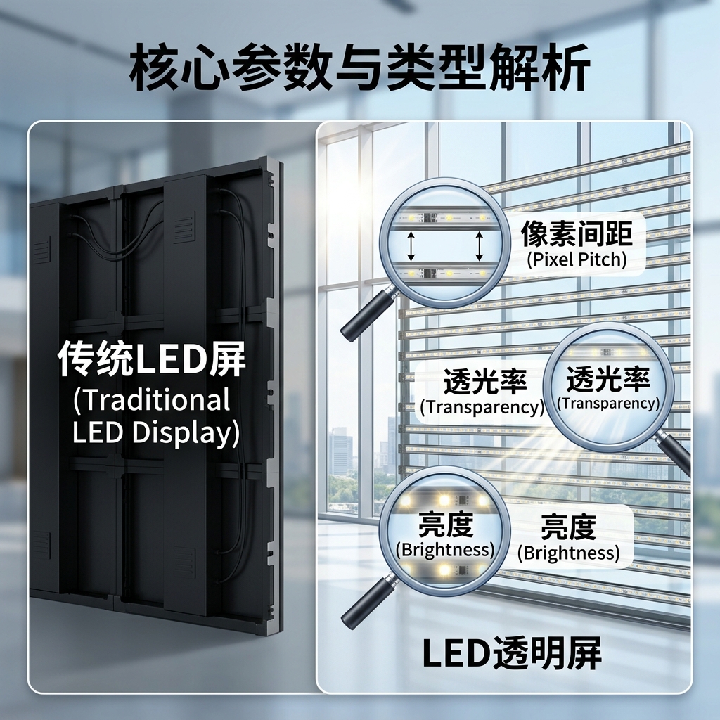 LED透明屏与传统LED屏对比图。左侧展示厚重不透光的传统LED屏背面，右侧特写LED透明屏的条状灯条结构，高透光率使其能自然透光，并突出显示像素间距、透光率和亮度等核心参数。