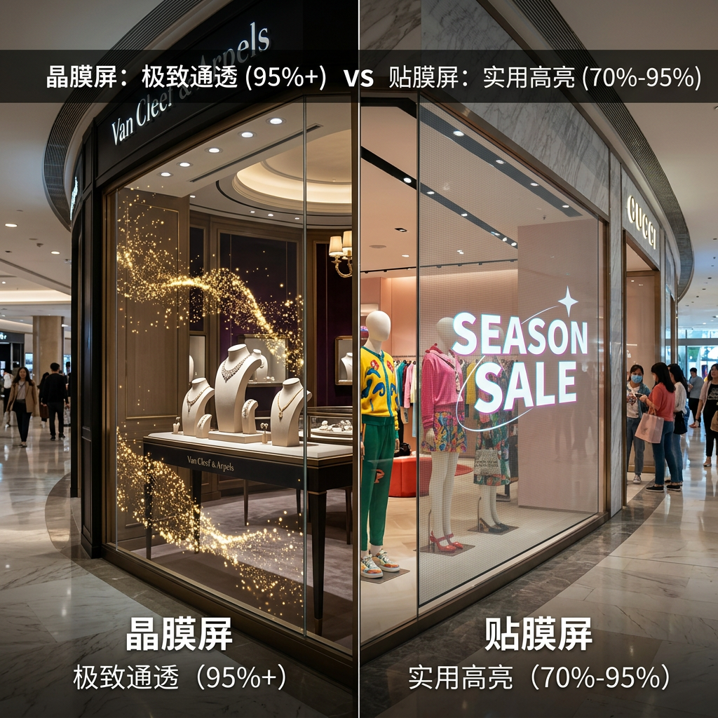 晶膜屏与贴膜屏在高端橱窗的对比图，左侧晶膜屏极致通透（95%+）展示珠宝，右侧贴膜屏实用高亮（70%-95%）展示服装，直观呈现两种透明屏的透光率和视觉差异。