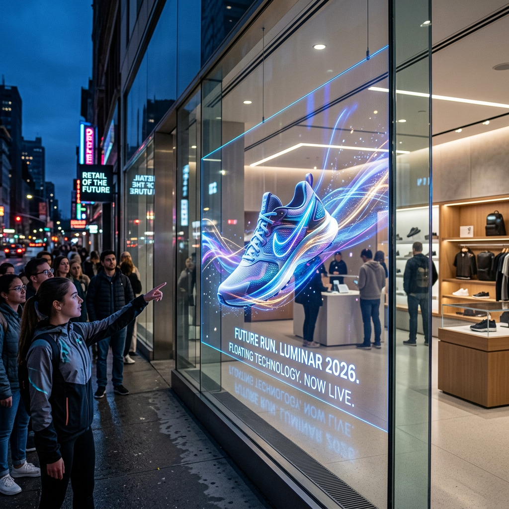一张展示未来零售店橱窗透明LED贴膜屏的图片,屏幕上悬浮着一只3D运动鞋,彰显科技感和透明显示效果。