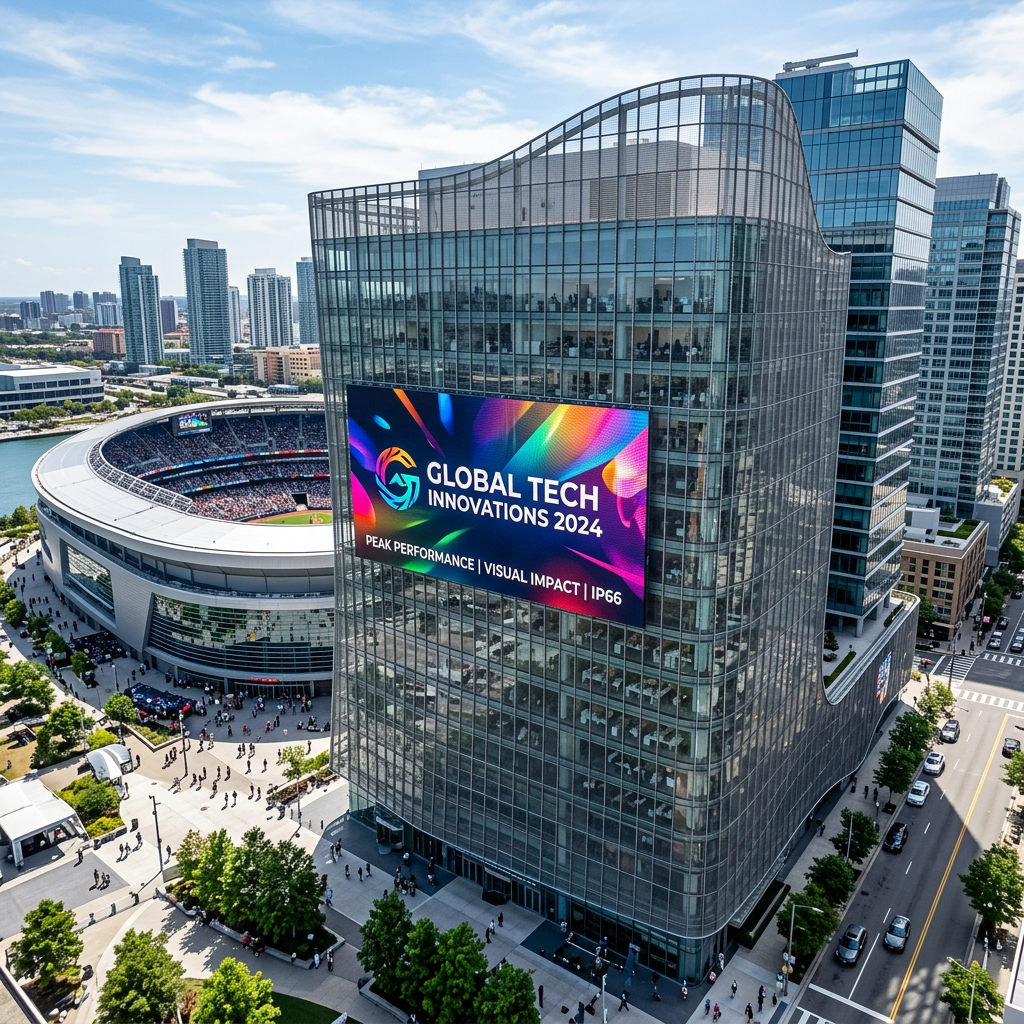 现代体育场或写字楼外立面安装大面积网格屏，展示其高亮度、高防护等级和透风透光特性，作为户外地标广告。