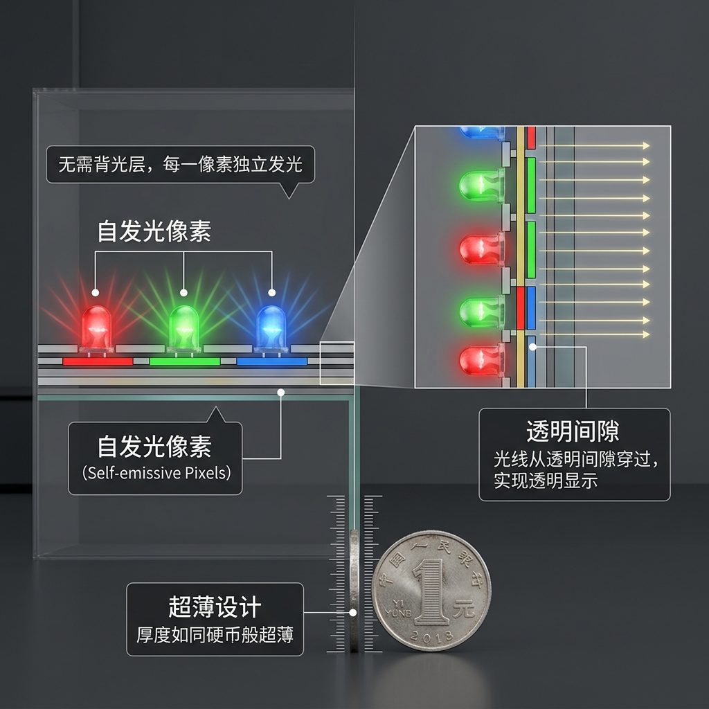 全息OLED透明屏技术原理示意图:展示OLED自发光像素、透明间隙以及超薄设计,与硬币对比体现厚度。