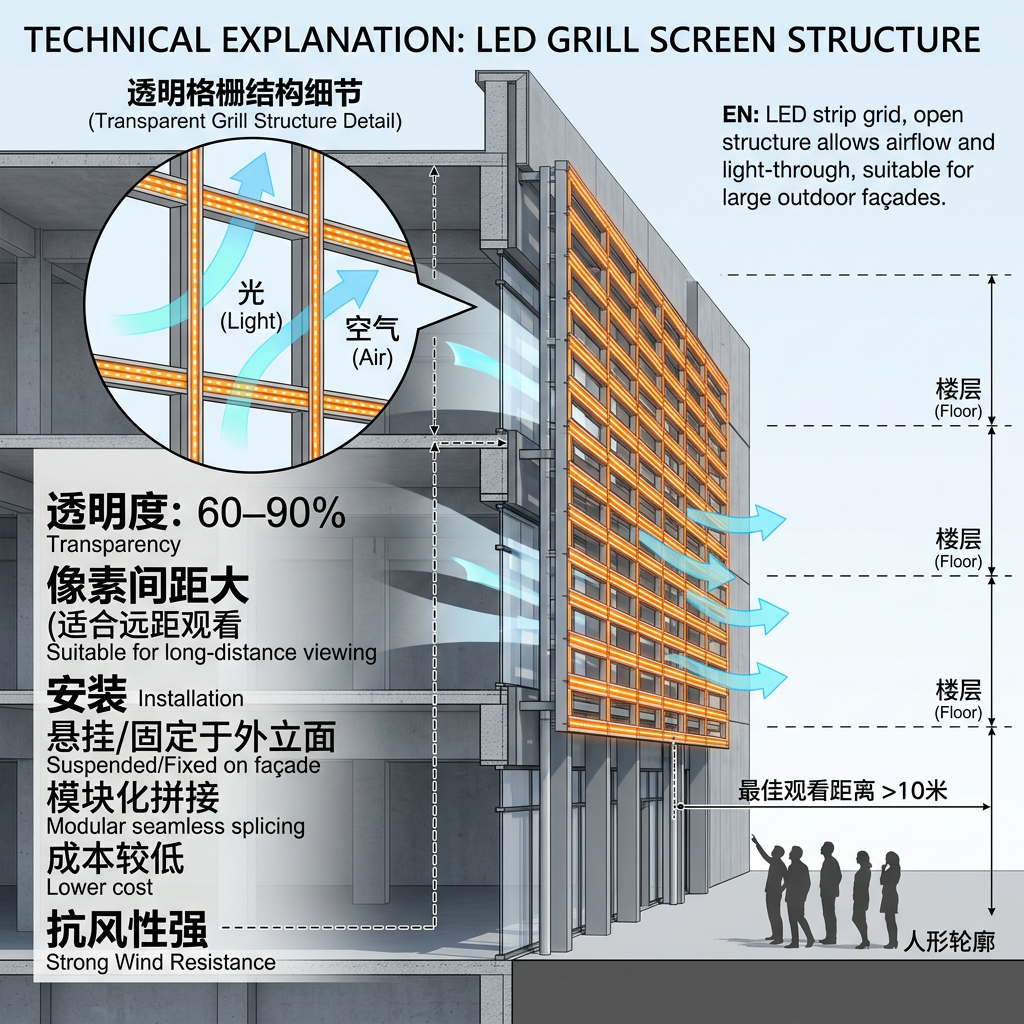 透明格栅结构剖面示意图：展示LED灯条网格结构，光线和空气可自由通过，具有高透明度和强抗风性。
