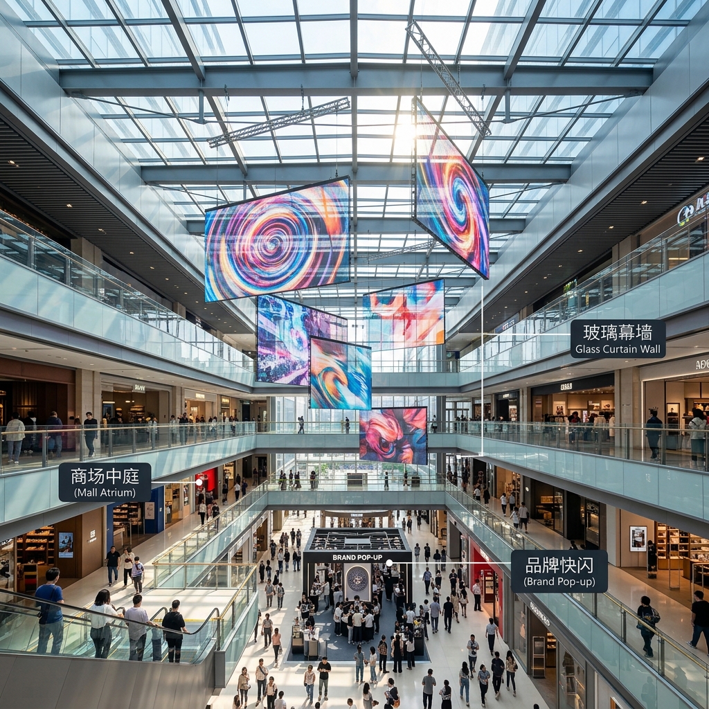 LED透明屏在商场中庭的应用场景。广角镜头俯瞰现代化商场，巨大的LED透明屏以吊装方式悬挂，播放绚丽视觉艺术，阳光穿透屏体，展现其视觉轻盈、与玻璃幕墙和品牌快闪完美融合的优势。