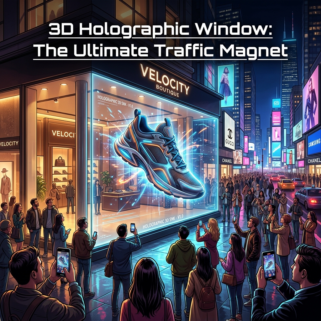 顶级商圈3D全息橱窗吸引顾客驻足围观，展示漂浮的3D球鞋，彰显其作为终极流量磁铁的魅力。