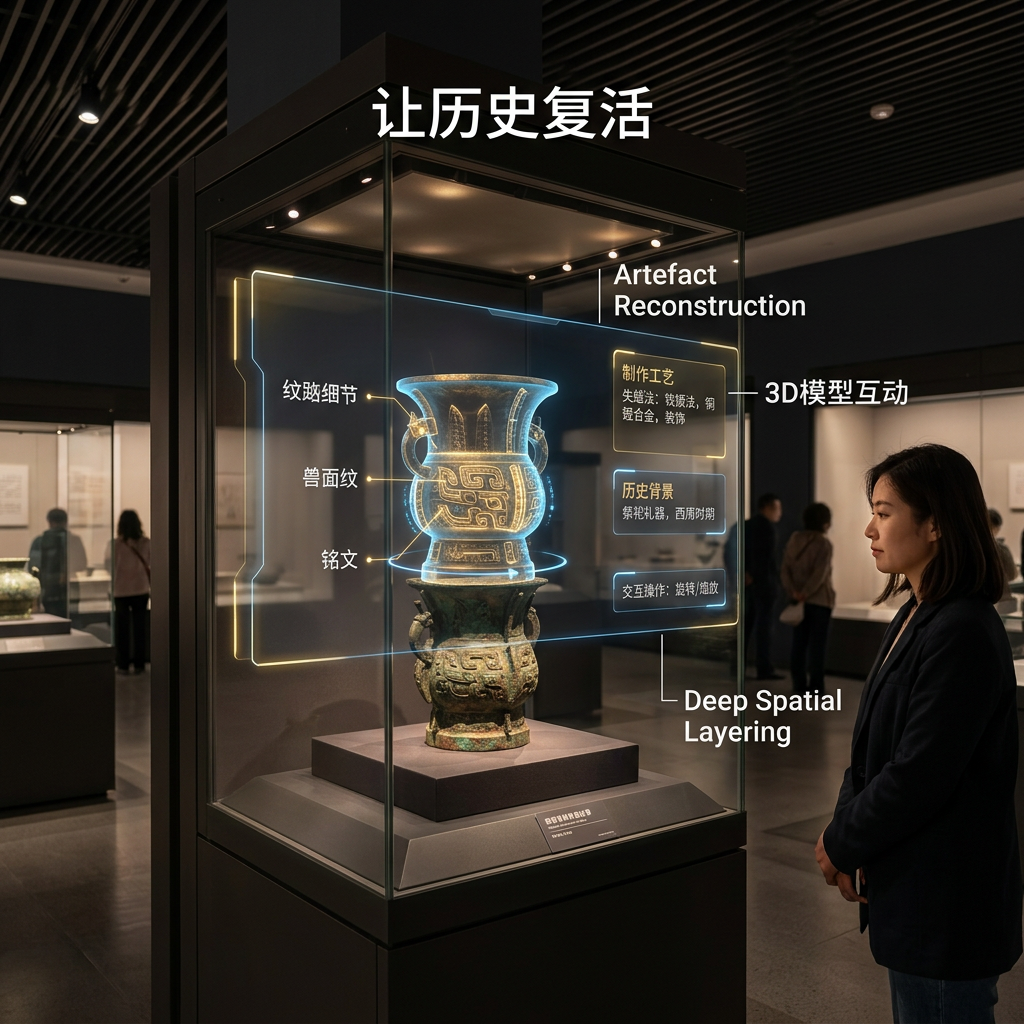 博物馆内文物前的透明全息屏展示，3D复原模型与实物重叠的现场效果