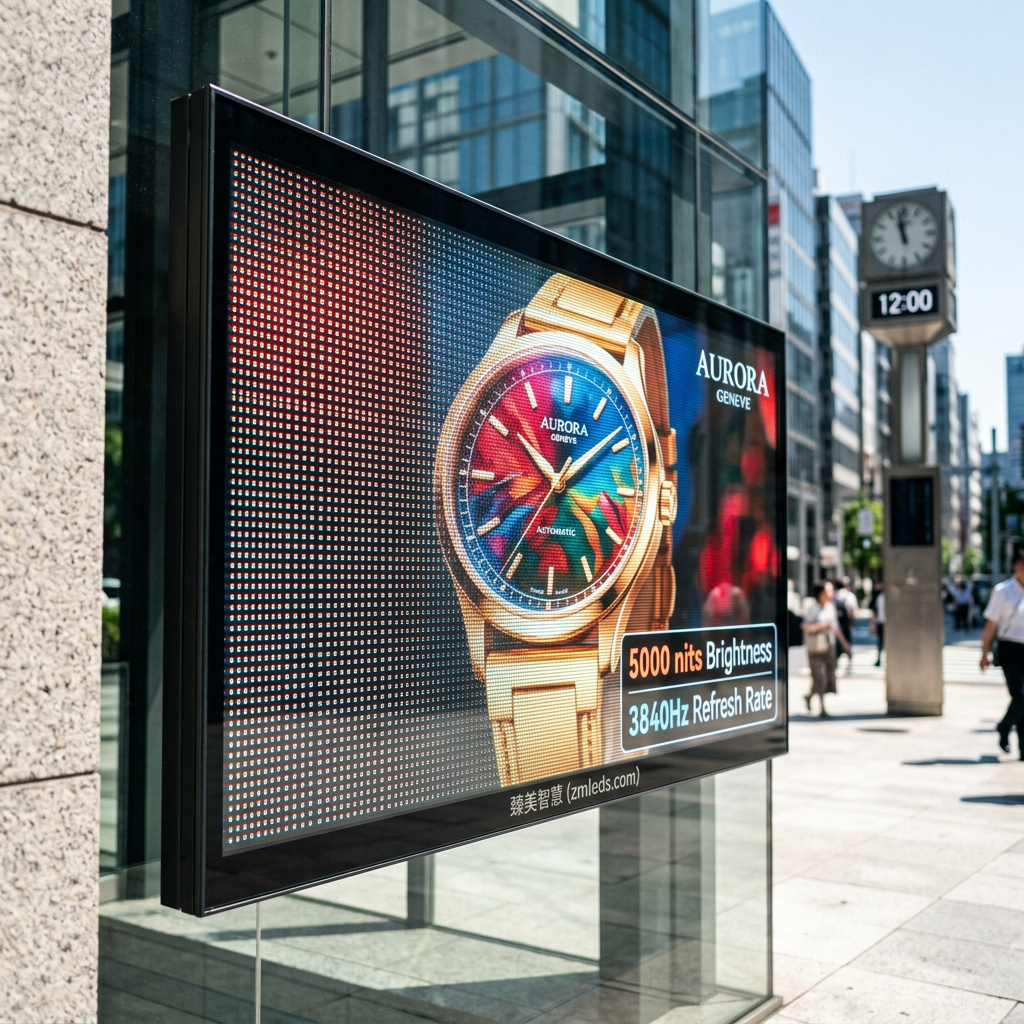 全息屏在正午阳光直射下依然清晰显示商业广告的特写，标注5000尼特亮度和3840Hz刷新率，展现不惧强光的极致视觉效果