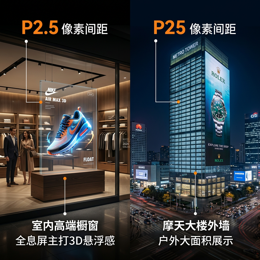 全息屏与网格屏对比示意图，左侧展示全息屏3D悬浮效果的室内橱窗，右侧展示网格屏户外大面积2D广告。