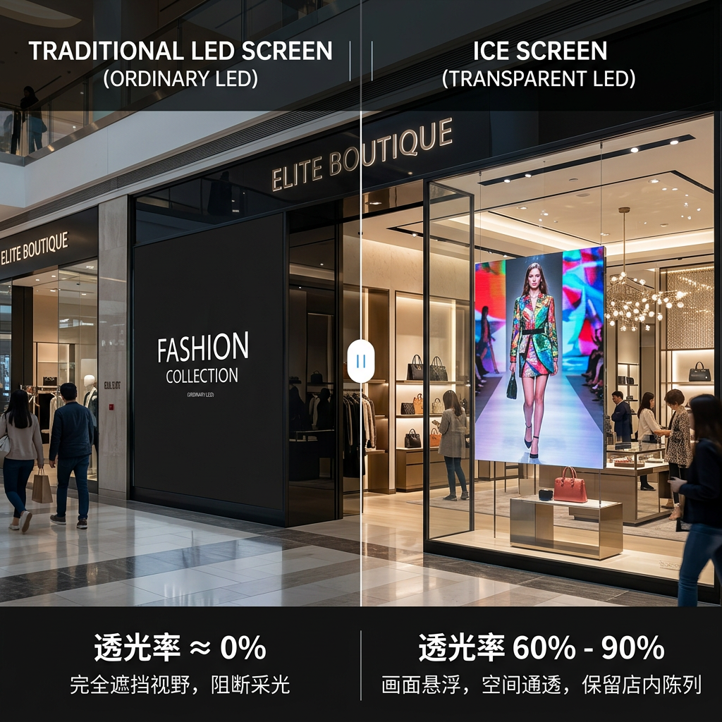 商场橱窗中冰屏与普通LED屏的直观对比：左侧普通屏完全遮挡，右侧冰屏高透光率，内容悬浮且店内可见