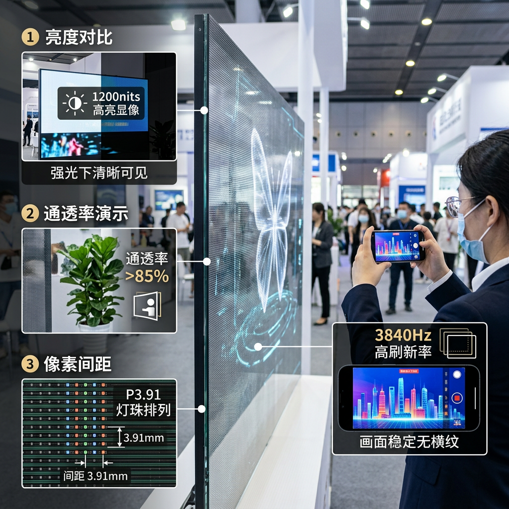 一张图解全息透明屏选型关键指标,展示亮度、通透率、像素间距(P3.9)和3840Hz高刷新率的实际效果。