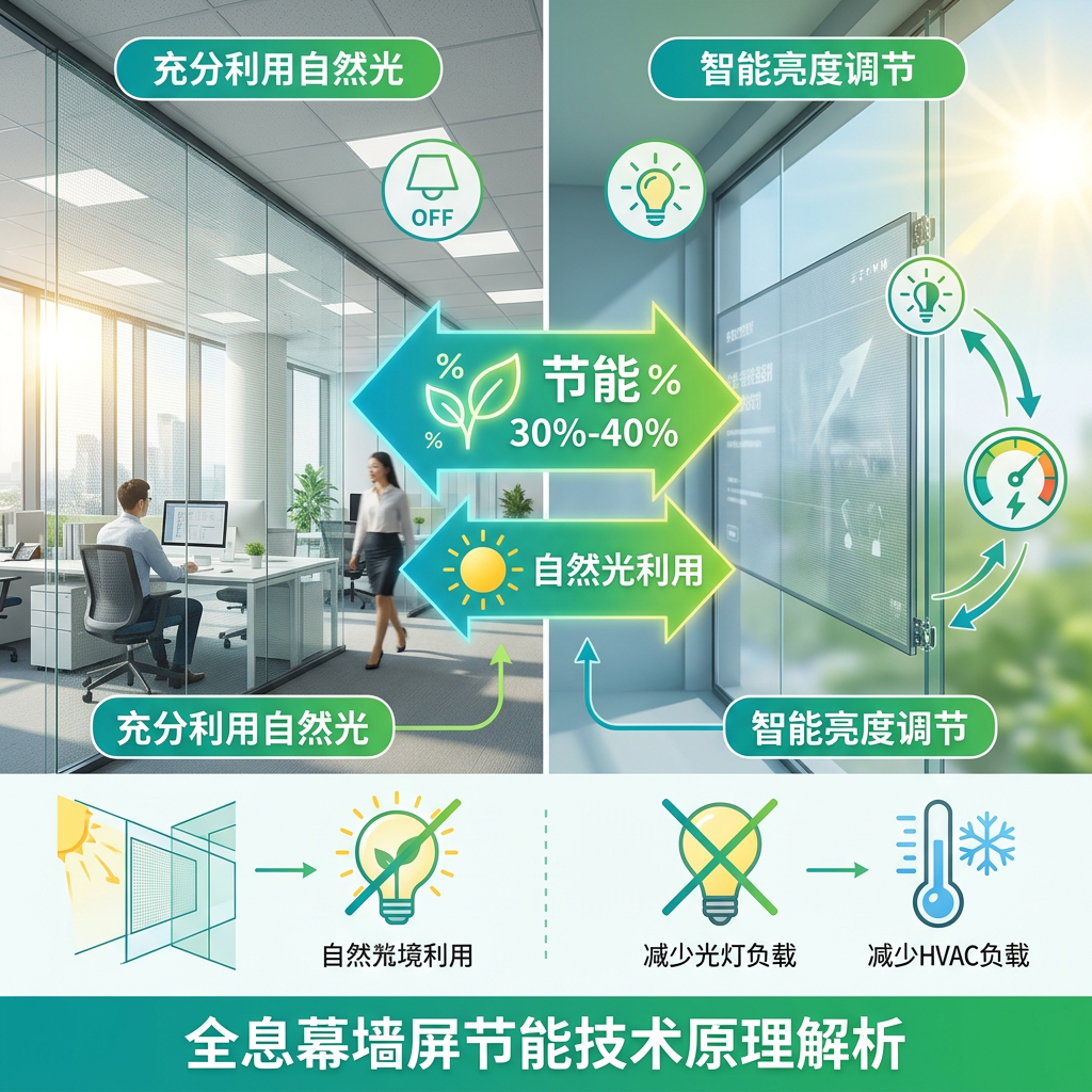全息幕墙屏节能原理对比图，展示自然光照入室内减少照明需求，智能传感器自动调节亮度，实现30%-40%节能