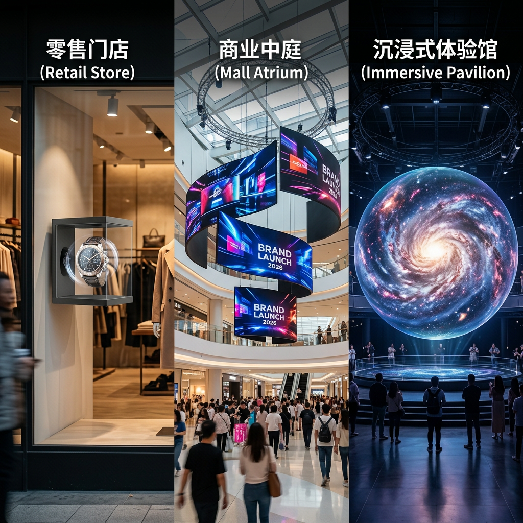 一张展示全息屏不同市场价格区间的应用场景对比图，包括零售店入门级小屏、商场中庭中端商用屏和沉浸式体验馆高端定制大屏，直观体现产品多样性。