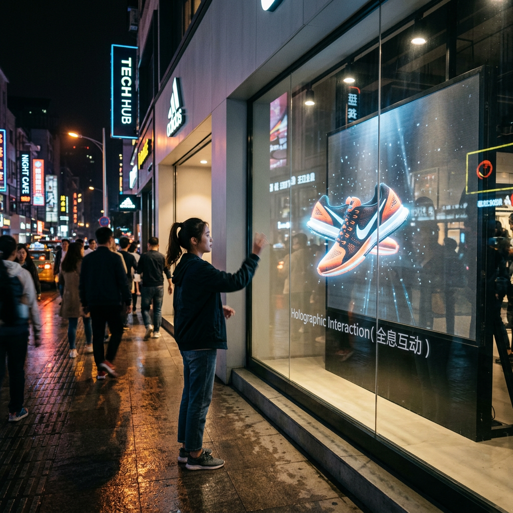 繁华商业街橱窗的全息投影互动屏展示，3D运动鞋悬浮在空中，路人通过手势进行互动，尽显科技未来感。