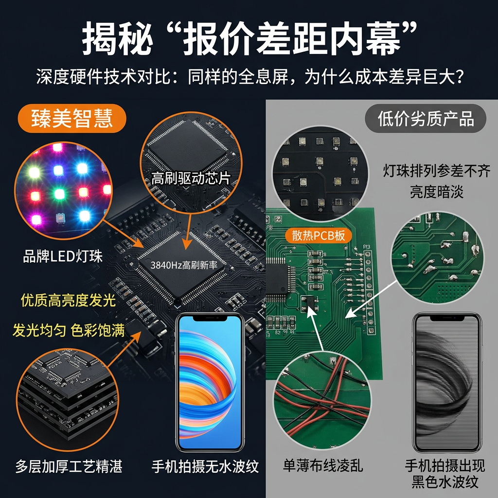 一张全息屏硬件深度对比图，左侧为臻美智慧高品质灯珠、高刷IC和多层PCB板，右侧为劣质灯珠和PCB板，直观揭示成本差异及对画质的影响。