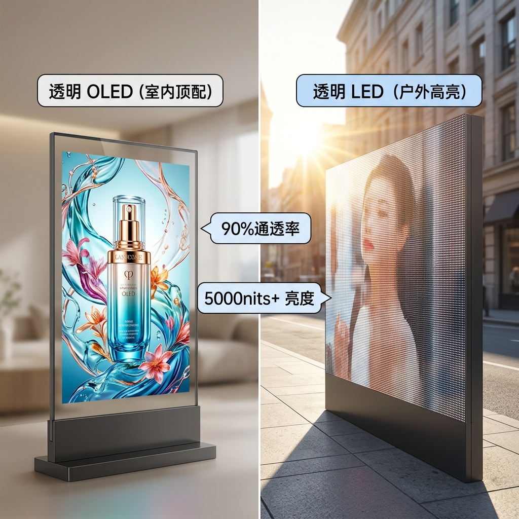 透明OLED与透明LED技术对比示意图，展示室内细腻OLED与户外高亮LED效果