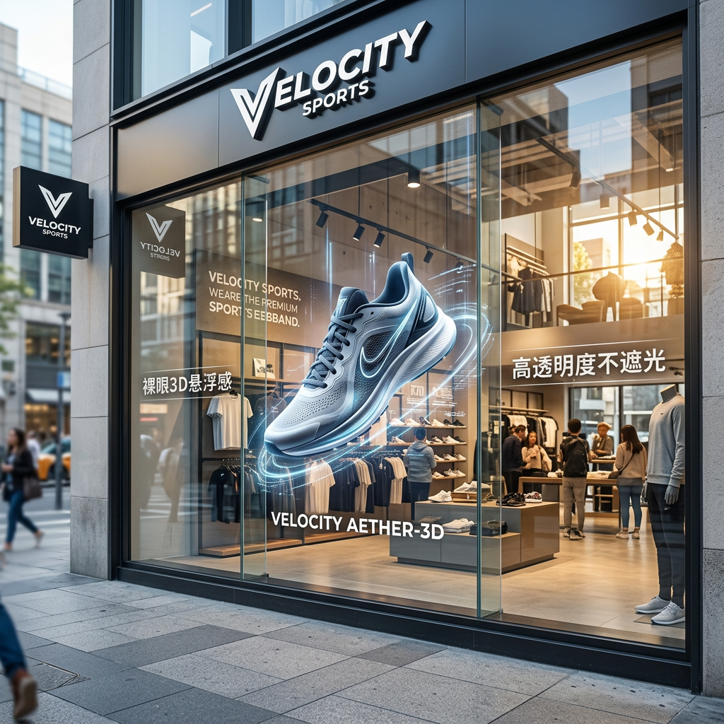 零售店橱窗LED晶膜屏展示裸眼3D运动鞋悬浮效果，突出高透明度和科技感