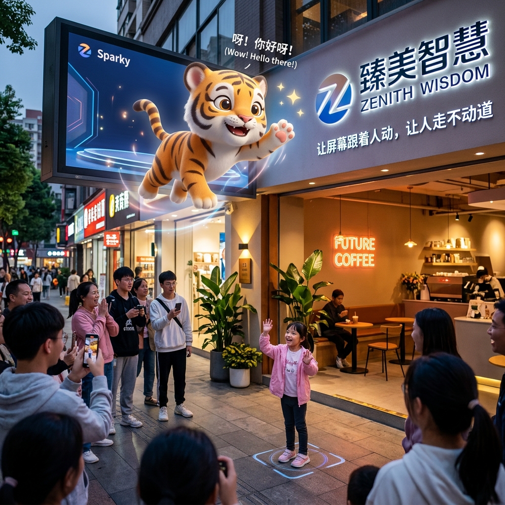 裸眼3D全息屏在店铺门头显示巨型虚拟卡通形象，与挥手互动的儿童产生响应，吸引路人围观拍照