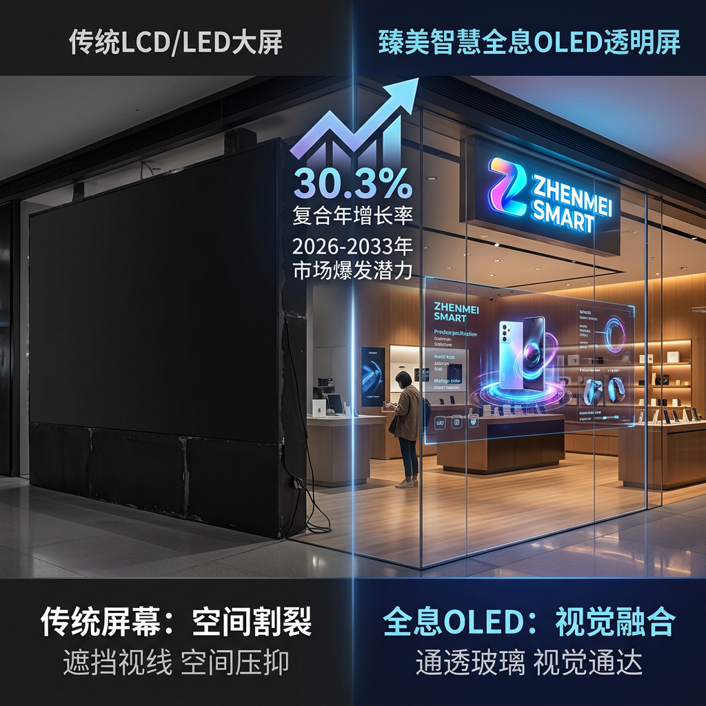 全息OLED透明屏与传统屏幕对比:左侧传统屏遮挡视线造成空间割裂,右侧透明屏实现视觉融合并突出30.3%市场增长潜力。