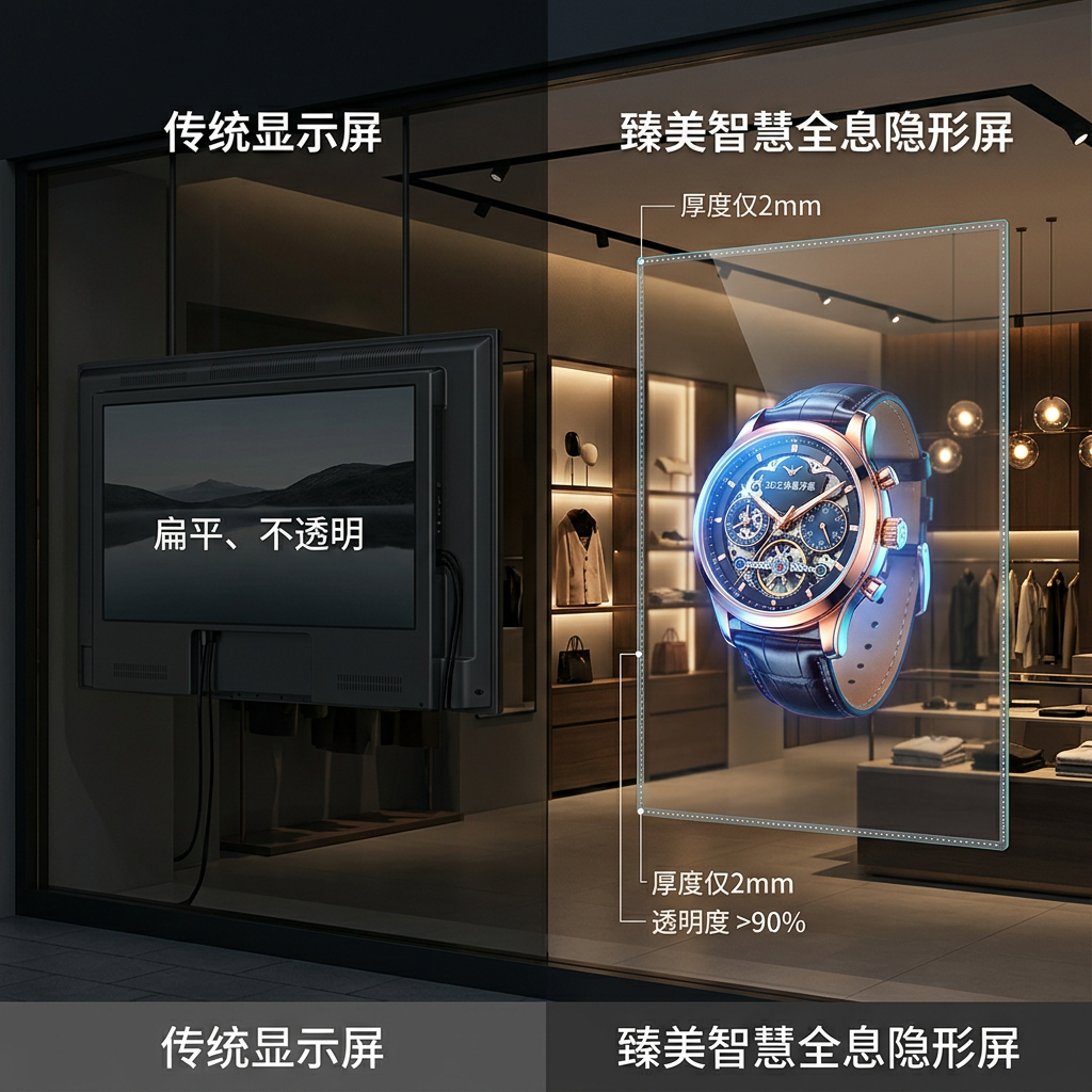 左侧是传统电视显示屏，右侧是臻美智慧全息隐形屏，展示其超薄2mm和90%高透明度，实现3D悬浮效果的对比图