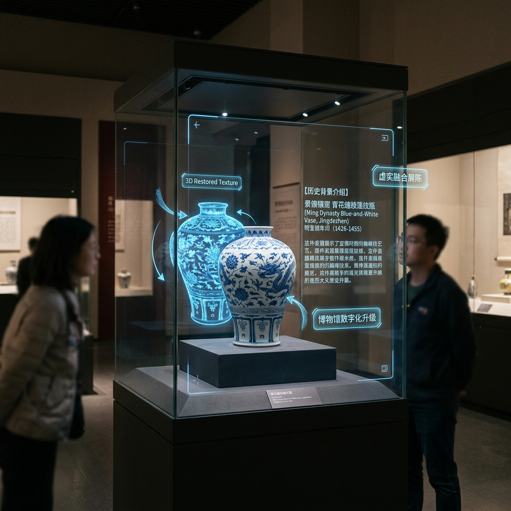 全息OLED透明屏在博物馆文博展陈中的应用:屏幕上以3D全息形式展示古董青花瓷瓶的复原纹理与历史背景,实现虚实融合。