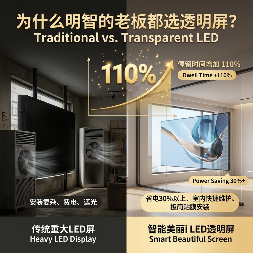 一张对比信息图,左侧展示传统LED屏的笨重、遮光、费电,右侧展示臻美智慧LED透明屏的轻薄、透明、省电30%以上及室内维护优势,并显示客流停留时间增加110%。