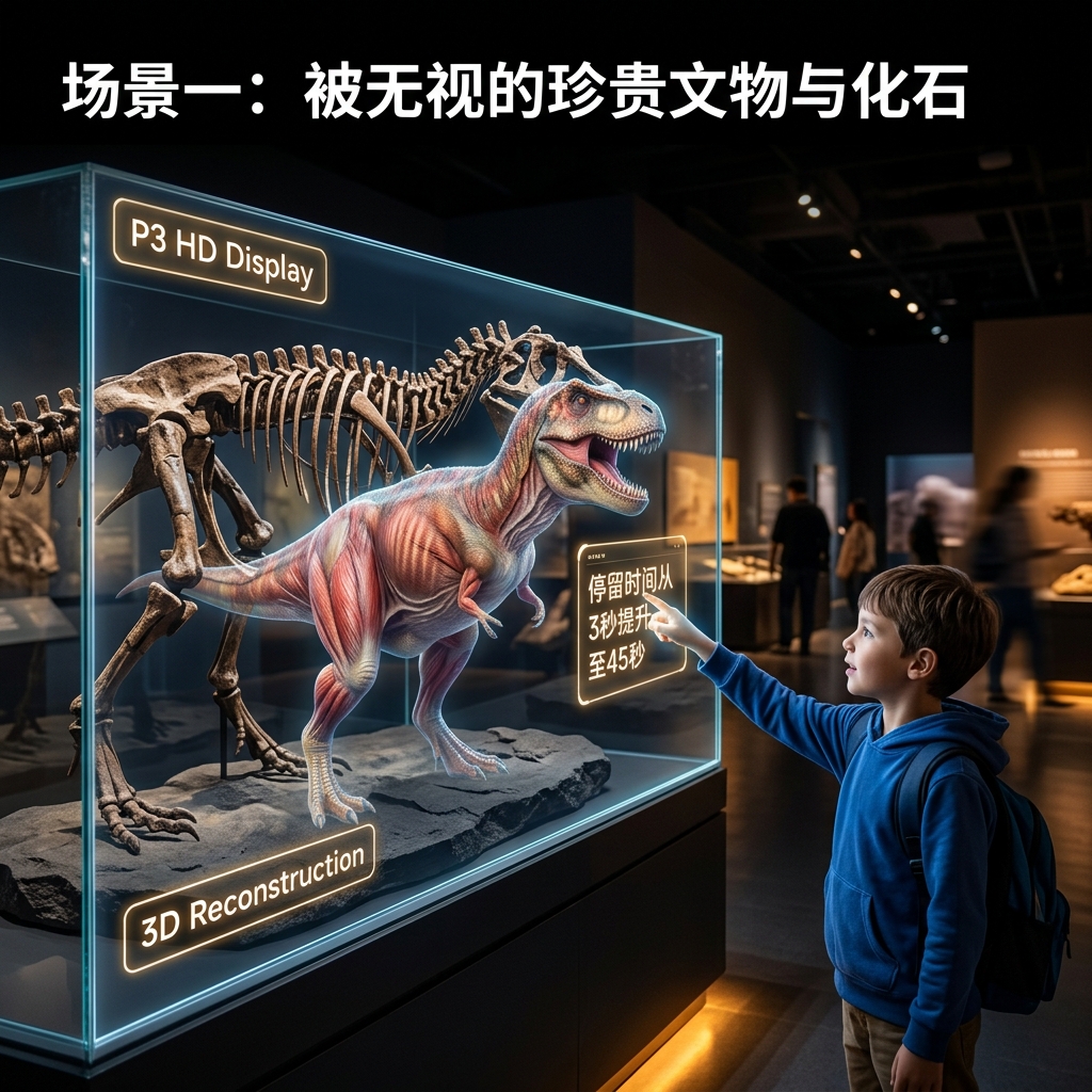 科技馆内，P3级别高清光电玻璃展柜展示恐龙化石，玻璃表面叠加全息质感3D复原动态模型，一个孩子互动观看，标注“P3 HD Display”和“3D Reconstruction”。