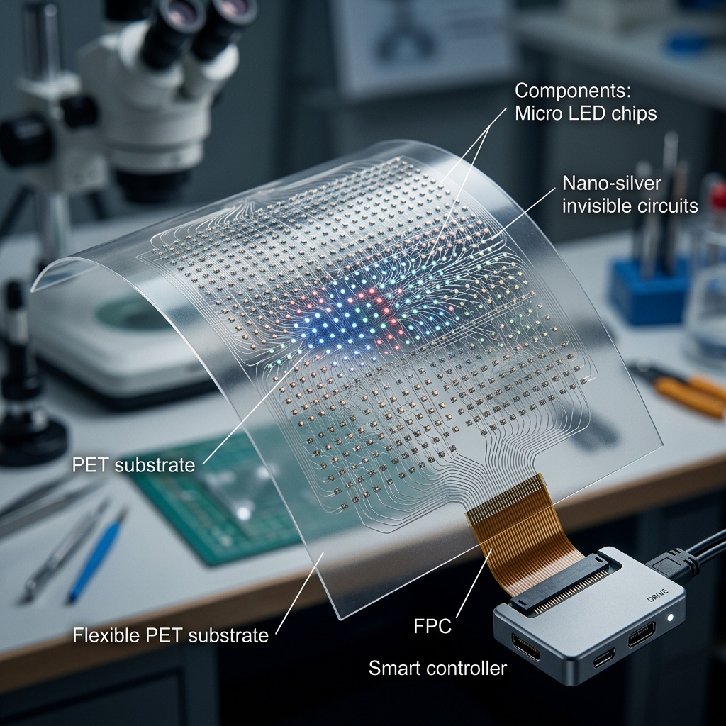 LED晶膜屏内部结构：微型LED芯片、纳米银隐形电路和柔性PET基材的工作原理示意图