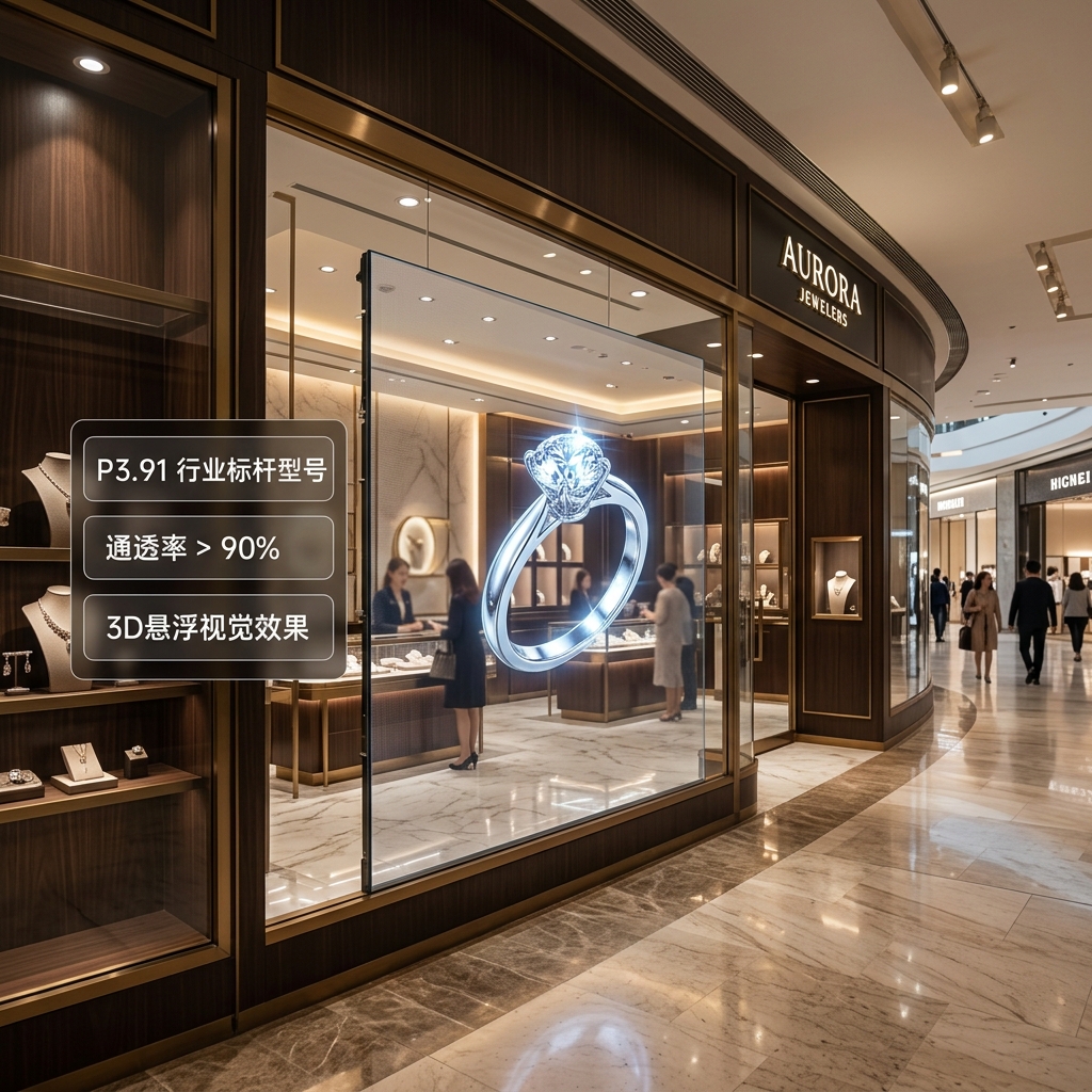 高端珠宝店橱窗内P3.91室内LED全息屏，展示3D悬浮钻戒，通透率高达90%，体现科技与商业美学融合的未来零售体验。
