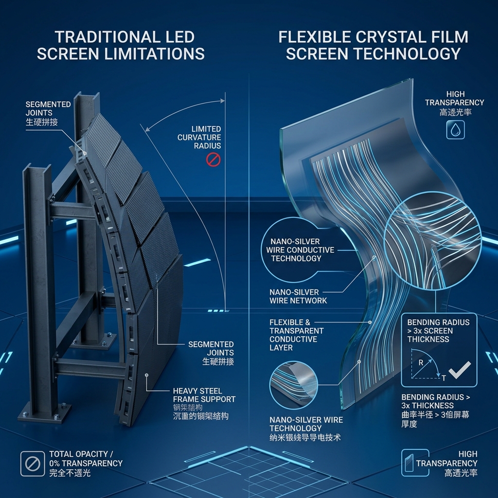 柔性晶膜屏与传统LED屏曲面适应性对比图，展示纳米银线技术支持曲率半径大于3倍屏幕厚度的弯折，实现无缝贴合。
