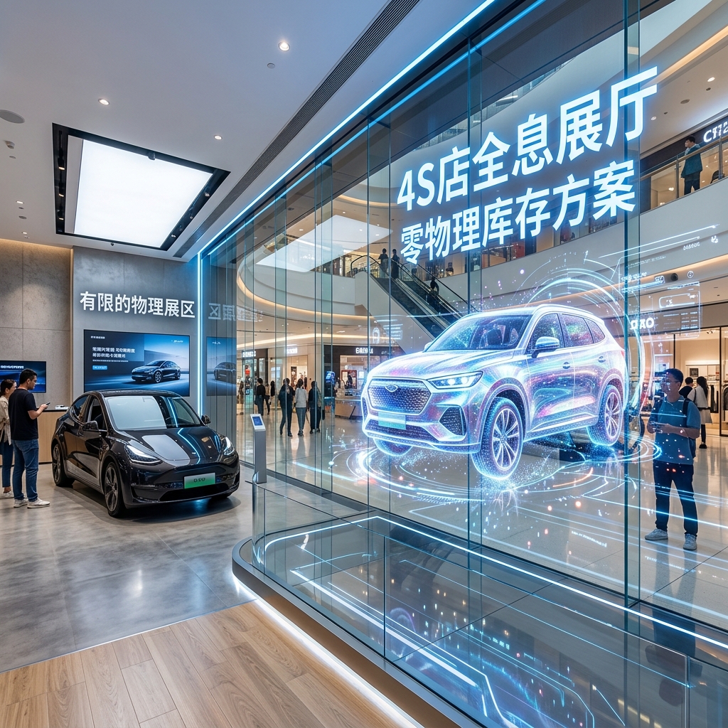4S店全息展厅入口，透明LED屏悬浮展示1:1虚拟车型，实现零物理库存