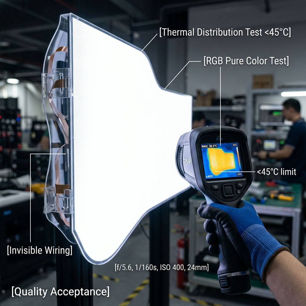 柔性晶膜屏进行质量验收与极限测试，红外热像仪显示均匀温度分布，确认散热良好，并展示隐形走线。