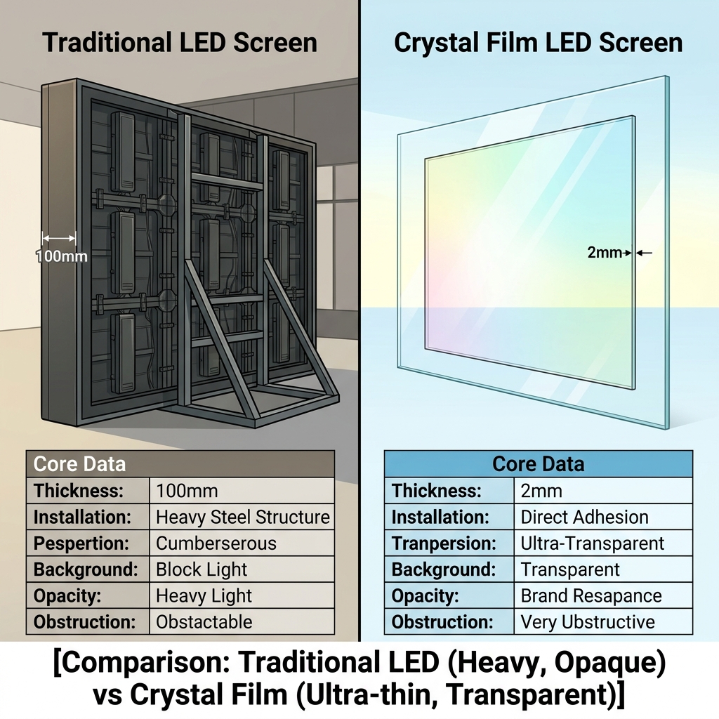 LED晶膜屏与传统LED屏对比图：突出2mm厚度和高透明度，与传统100mm笨重不透明屏幕的差异
