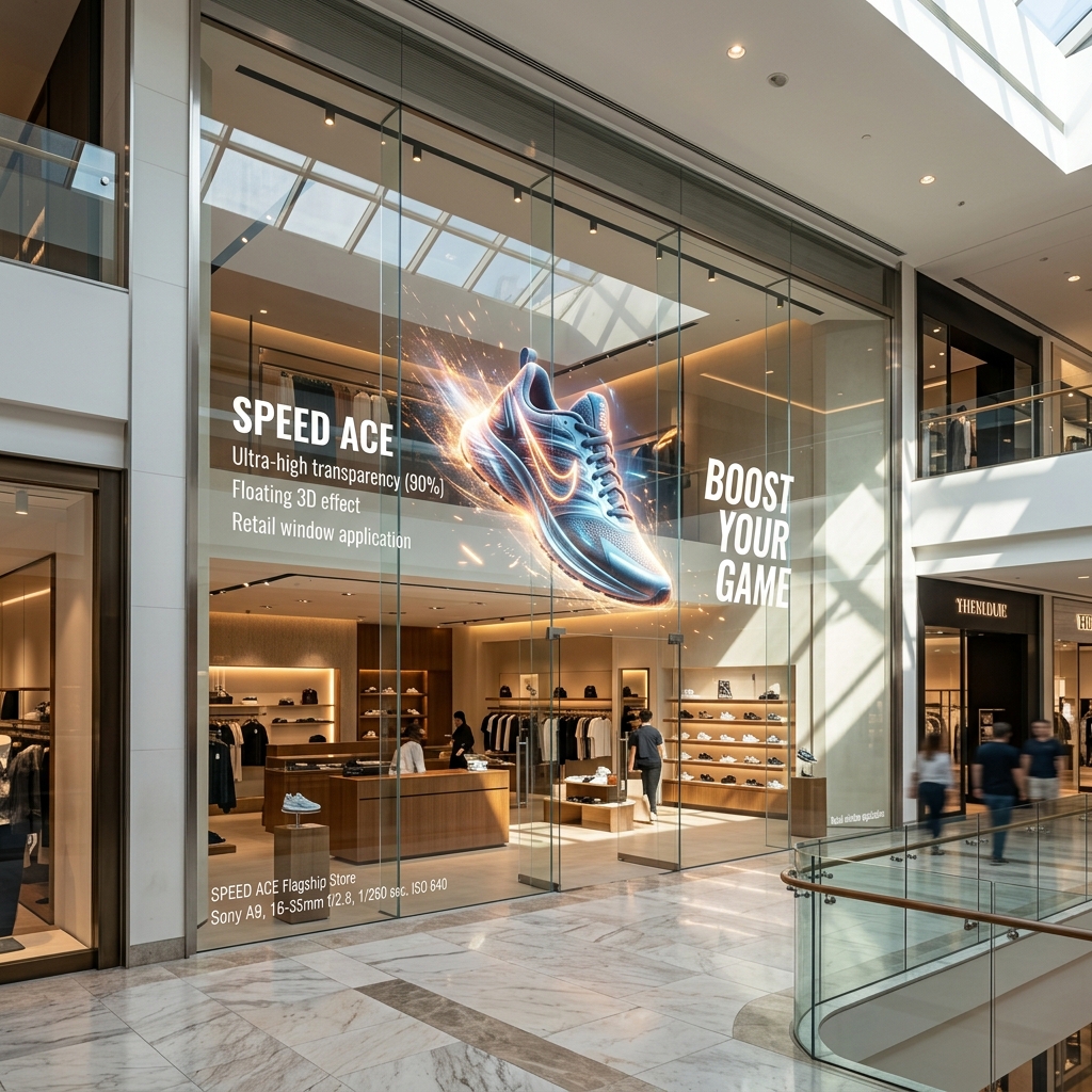 LED晶膜屏在高端商业橱窗中的应用，展示90%超高透明度和悬浮3D效果的球鞋广告
